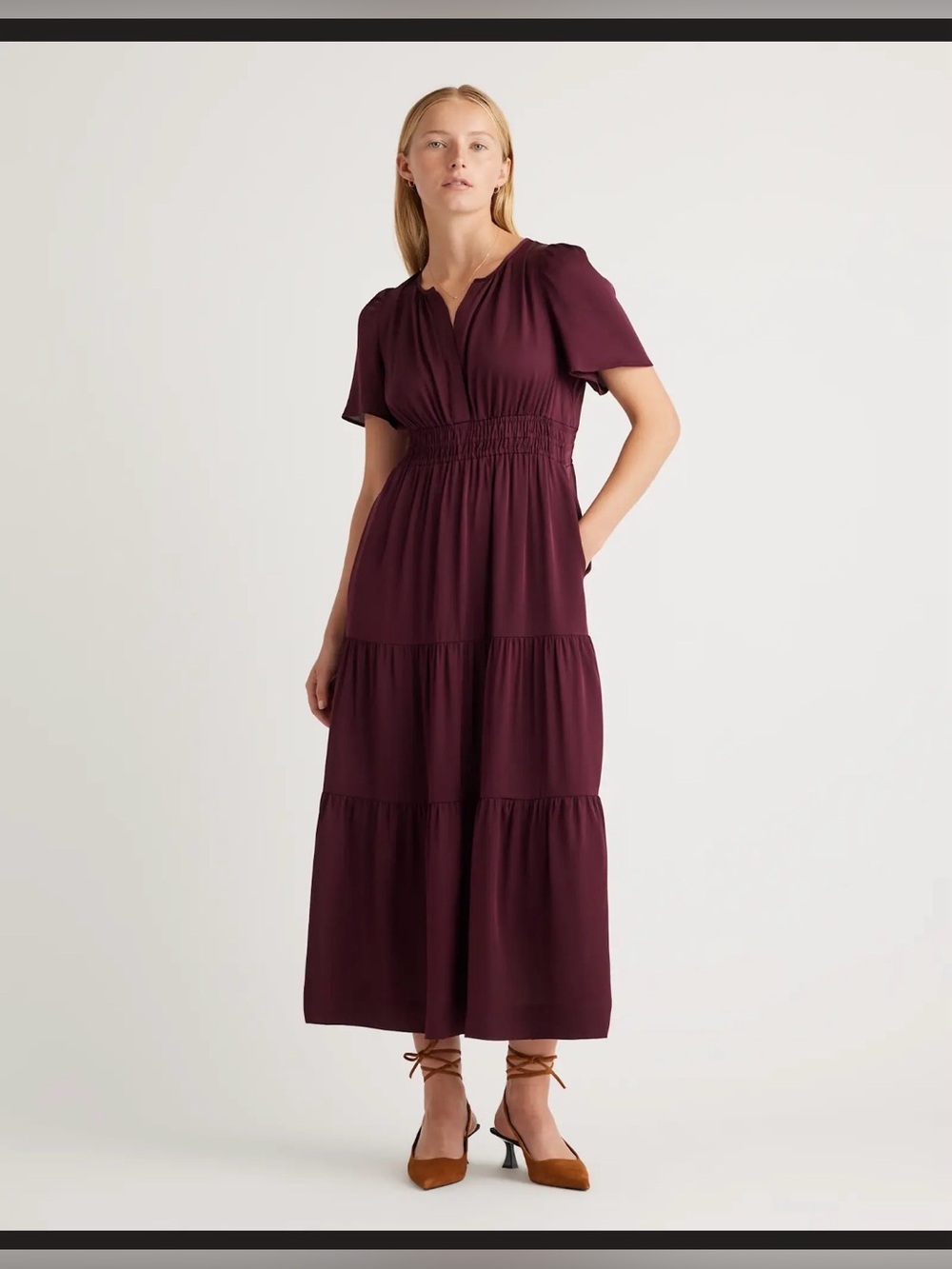 Quince Washable Stretch Silk Tiered Maxi Dress in Burgundy (Wine Tasting Red)